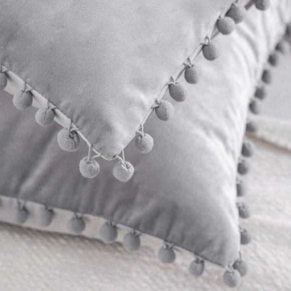 (Only Covers) Set of 2 Poms Poms Velvet Decorative Pillow Covers, Light Grey - Picture 2 of 2